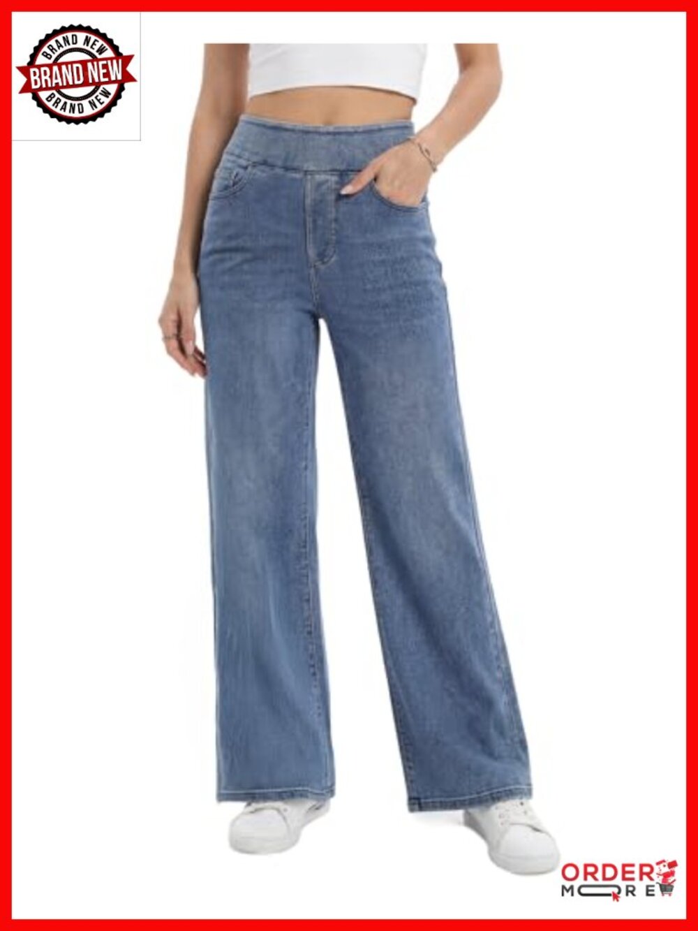 Wide Leg Pull On Jeans High Rise Stretchy Denim Pants Elastic Waist Tummy